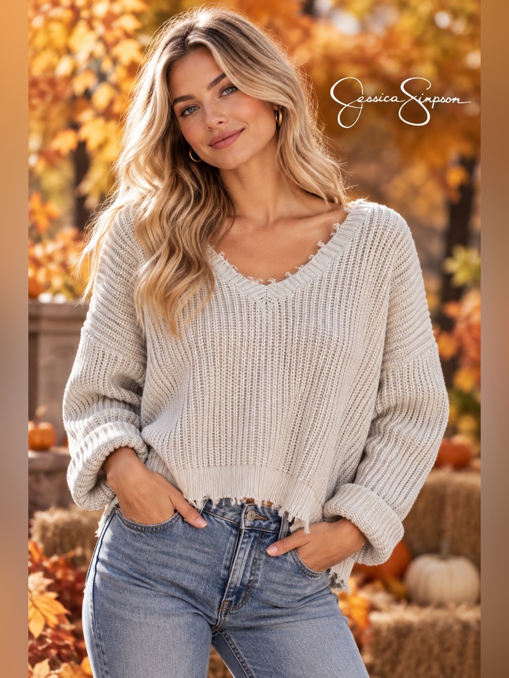 Jessica Simpson Cropped V-Neck Knit Sweater Distressed Hem Beige S